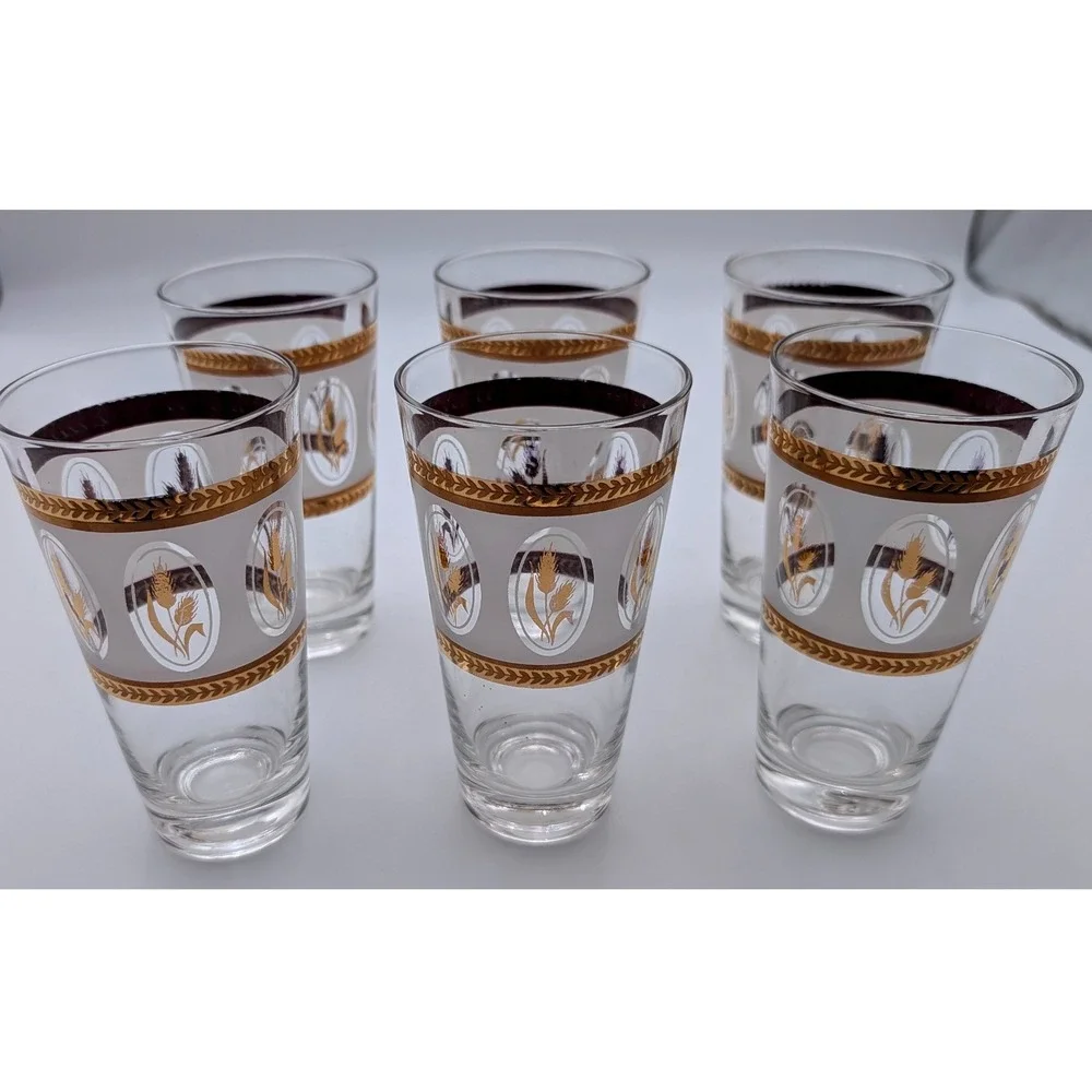 Vintage MCM Frosted Gold Wheat Highball Glasses Set of 6 Purple White Laurel